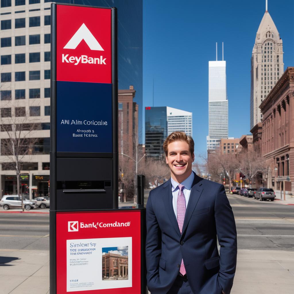 At 1675 Broadway, Denver, Dylan Conrad from KeyBank stands, presenting internet banking, brokerage, and mortgage services, while adhering to AML regulations against Denver's iconic skyline and bustling streets.
