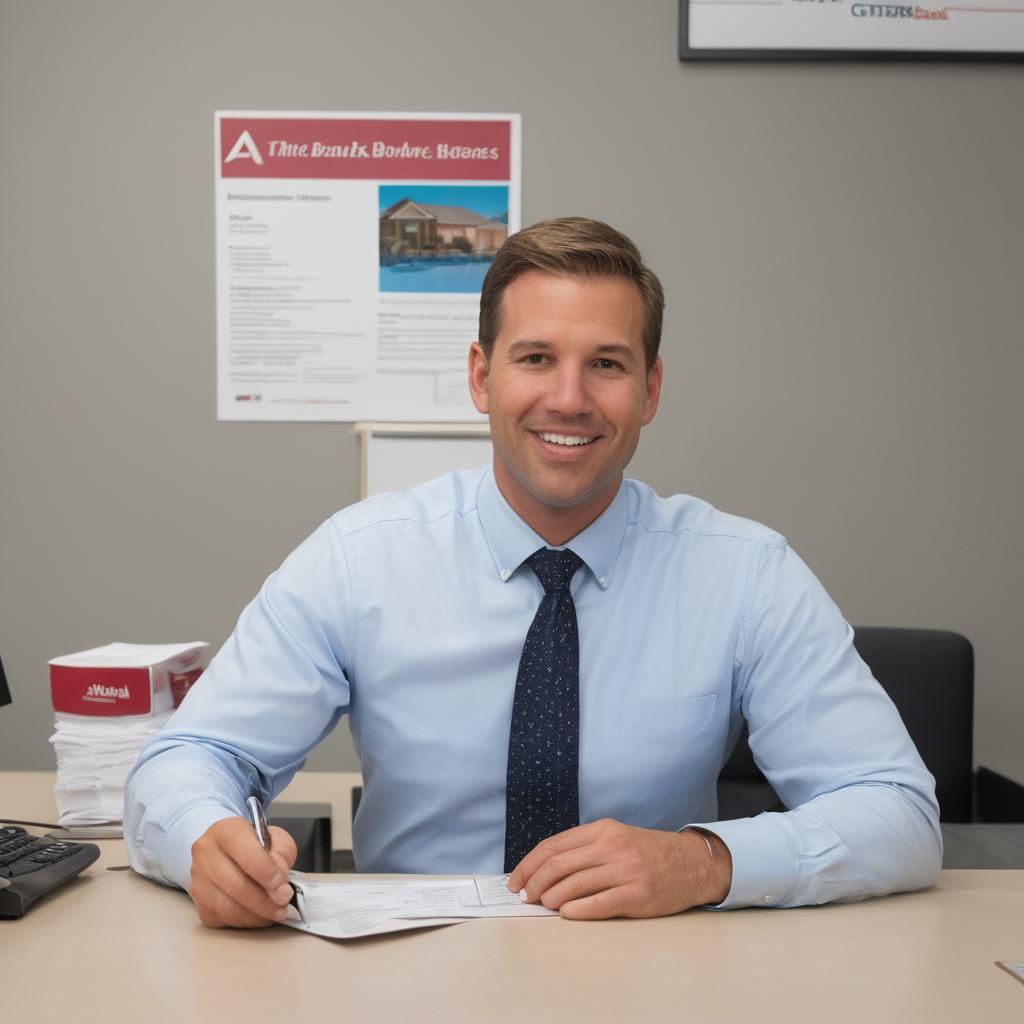 In this image, Tyler Paul from First Bank Texas stands before a plain background, dressed professionally with documents stacked behind him, assisting clients with new account applications, while Jaxson Noel at her desk handles mortgage transactions and comparisons, as the scene conveys a busy day for First Bank Texas in Abilene focusing on financial regulations and mortgage rates.