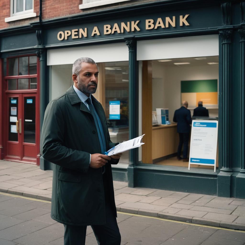 A focused man in Preston UK stands at the bank counter, ready to open an account with determination, holding documents and pen while the bustling crowd outside continues their routines.