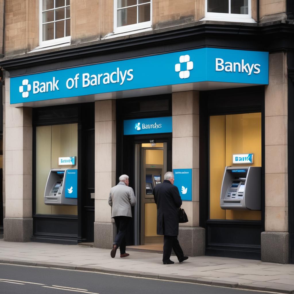 A bustling Bank of Barclays and Yorkshire Bank in Gloucester, UK, are depicted with customers utilizing ATMs, conferring with tellers, and examining documents, while the atmosphere brims with activity, symbolizing the pivotal role banks play in managing individuals' and businesses' finances.