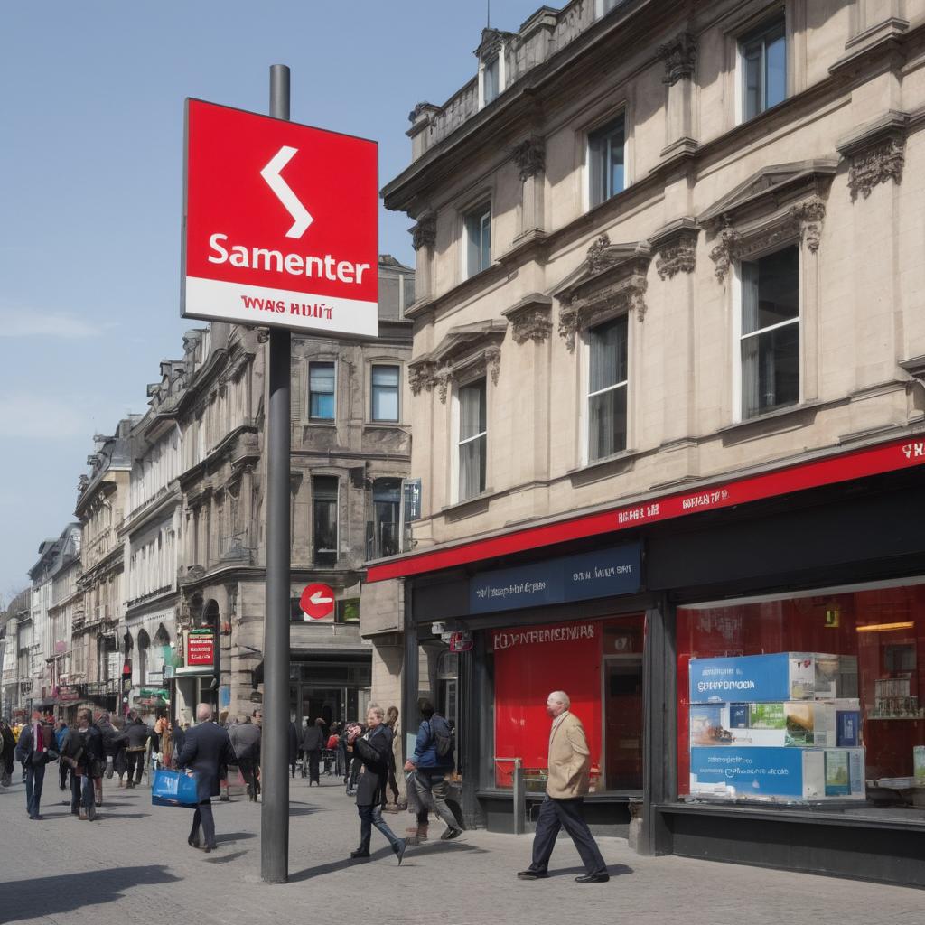 A busy Wuppertal street scene displays several banks including HypoVereinsbank and Santander Bank, with customers and passersby engaging amidst signage advertising various products for personal and business use; Deutsche Apotheker- und Ärztebank eG - apoBank is among other institutions present.