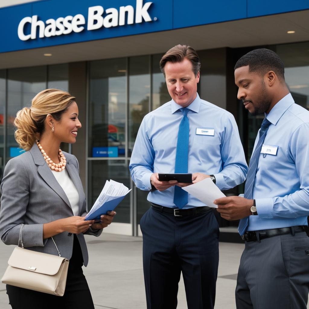 A lively scene outside Hayward, California's banks shows individuals conversing, consulting papers and phones while exchanging account details; U.S. Bank's Mr Cameron Ryan and Union Bank's Martin Wiggins discuss business in formal attire, surrounded by BS Bank, Patelco Credit Union, Chase Bank signs (open 24/7).