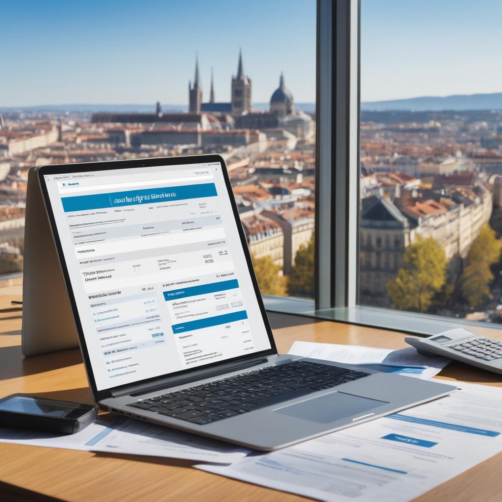 A detailed desk setup depicting bank statements, laptop displaying loan info from Caisses D'Epargne, Banque Populaire, LCL Bank, and Credit Agricolie, alongside paper printouts of contracts and calculations, with the backdrop of Lyon cityscape and sunlight. (Choosing the Right Consumer Loan: Lyon's Best Banks)