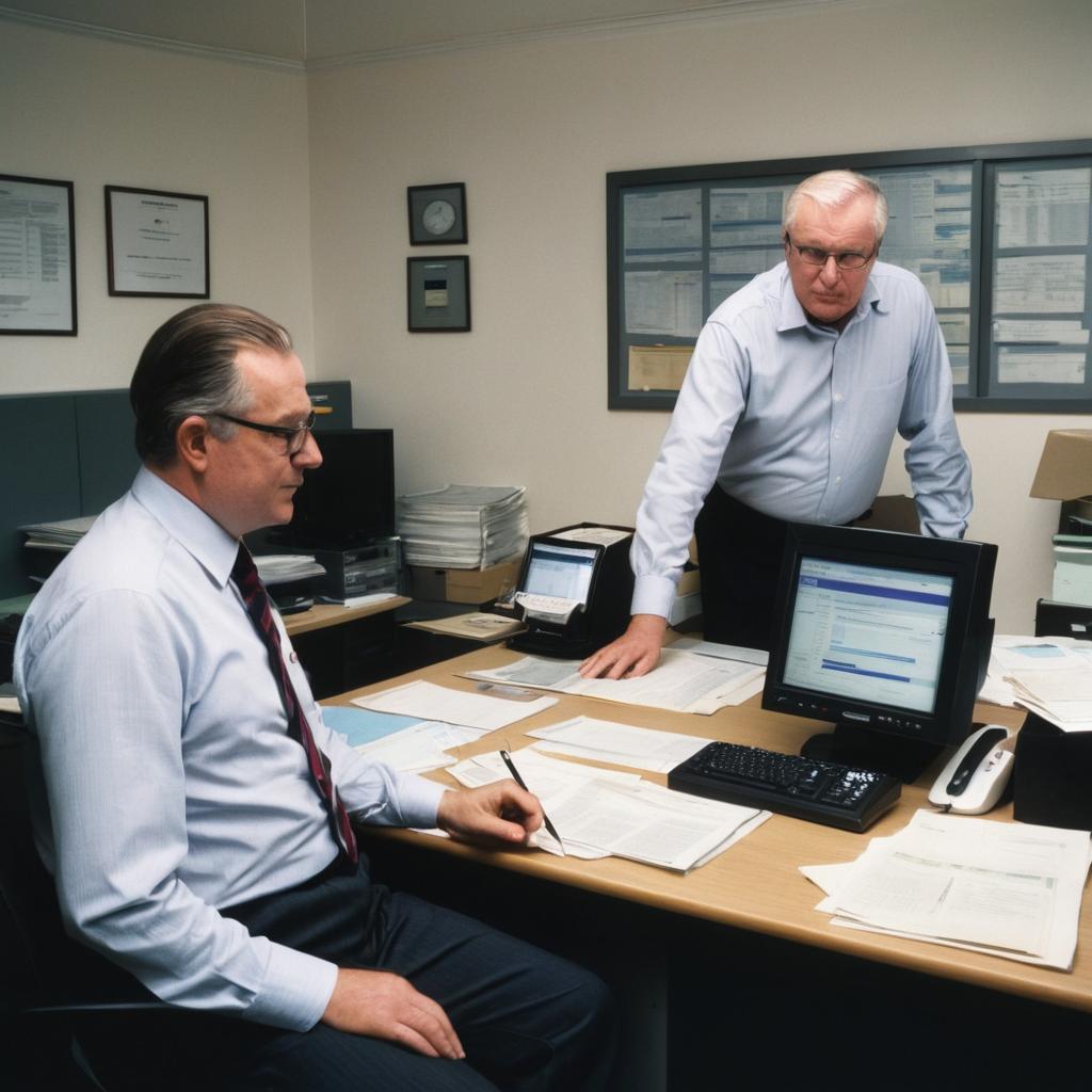 Two men, Mr Andre Sexton from The Co-op Bank and Colin Henslley from NatWest, are seen at their desks in their respective offices in Wigan, each with a phone, computer displaying bank data, and organized papers, signifying their readiness to provide banking services including currency trading and loans.