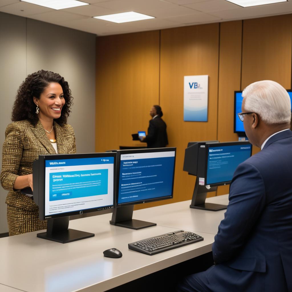 At Williamsburg's contemporary bank, Liliana Finley assists a customer with account application forms while explaining the merits of gold investment, surrounded by a multicultural clientele and modern facilities with digital updates on banking services and AML Regulations.