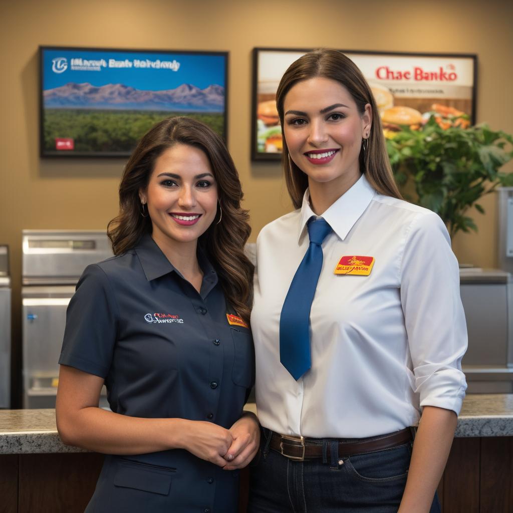 Two bank representatives, Chloe Malone from Wells Fargo Bank and Emilia Gomez from Chase Bank, smile welcomingly while standing at their respective banks in McKinney, with a local Jungle Burgers sign visible in the background and a map of McKinney and foreign application numbers displayed behind them, poised to offer expert advice and personalized service.