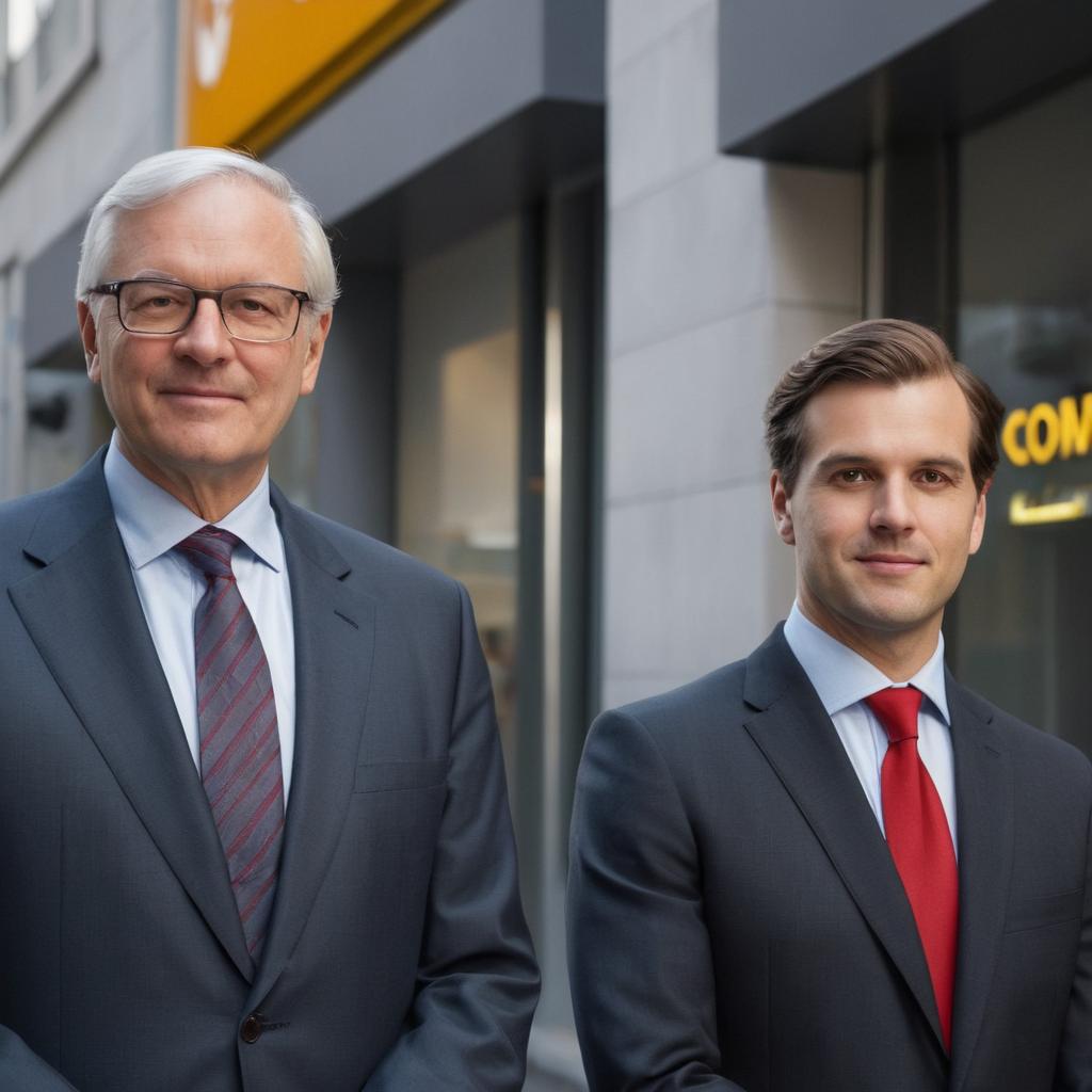 Two suit-clad Commerzbank representatives, Mr Juan Farrell in dark attire and Emery Walker in light blue, stand outside Dr.-Külz-Ring 12 in Dresden, Germany, smiling towards the camera as they prepare to advise on express transfer, term deposit, mortgage, and loan services; Commerzbank Dresdner Prager Straße logo visible.