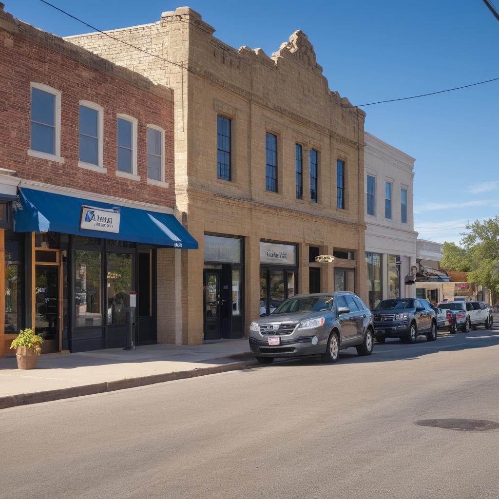The image showcases Fredericksburg's busy main street lined with banks including First United Bank South and Chase ATM, where locals and tourists engage in everyday activities while utilizing the convenient financial services like loans, investments, and brokerage offered by these institutions.
