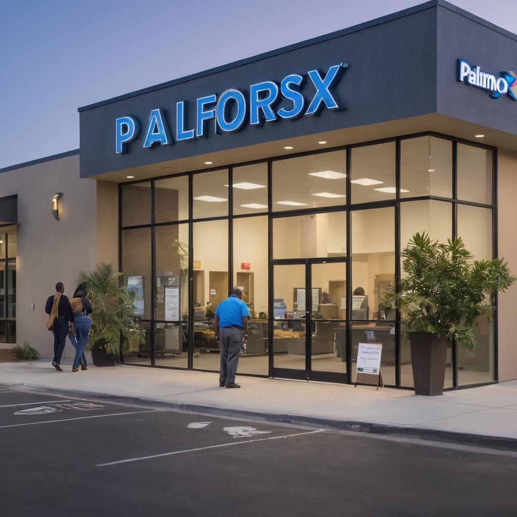 A vibrant image in Palmdale's banking district showcases Logix Federal Credit Union - Palmdale Branch, Chase Bank, and Wells Fargo Bank, with employees providing financial assistance and engaging in community initiatives, symbolizing their dedication to enhancing the local community through education, grants, volunteering, and support services.