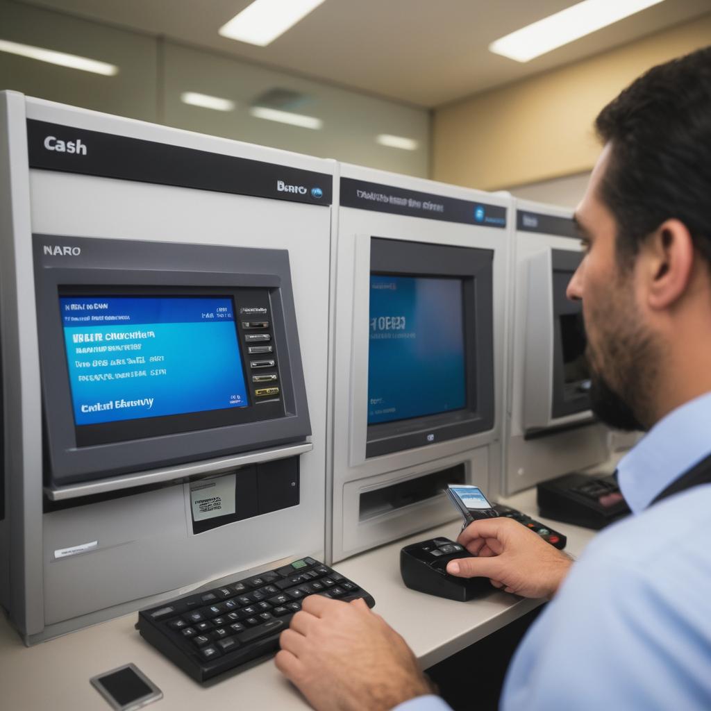 The image depicts the bustling cityscape of Townsville, Australia, featuring prominently located CBA ATM and NAB ATM, as people enter and exit, highlighting their community role. A close-up shows a person exploring bank offerings for cash loans, brokerage, transfers, investment funds, term deposits & personal/commercial loans, with an online screen detailing interest rates and plans, while a graph illustrates fluctuating interest rates' impact on borrowers.