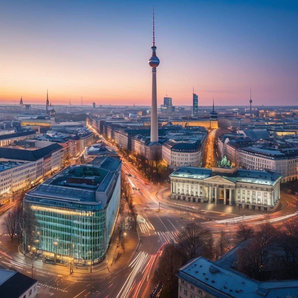 A bustling Berlin scene is frozen, displaying various banks providing extensive products and services to residents and businesses, with an individual engaging digitally while iconic landmarks loom.