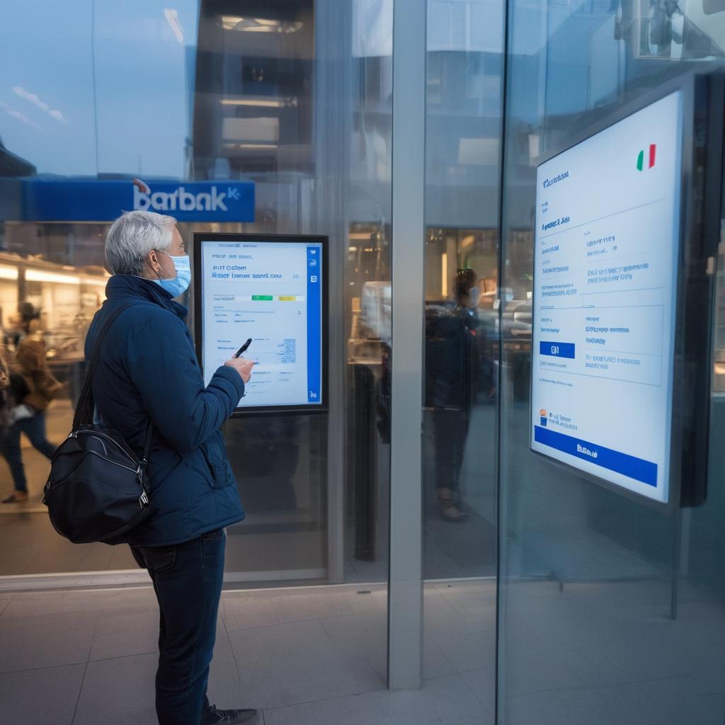 A determined individual, donning a mask, stands before Frankfurt's İŞBANK AG or Deutscher Bank Filiale branch, holding statistics and gazing intently inside for the next steps of opening a basic current account, as reflected city life buzzes outside and a digital device displays an outlined application process with the 'Get started' button ready.